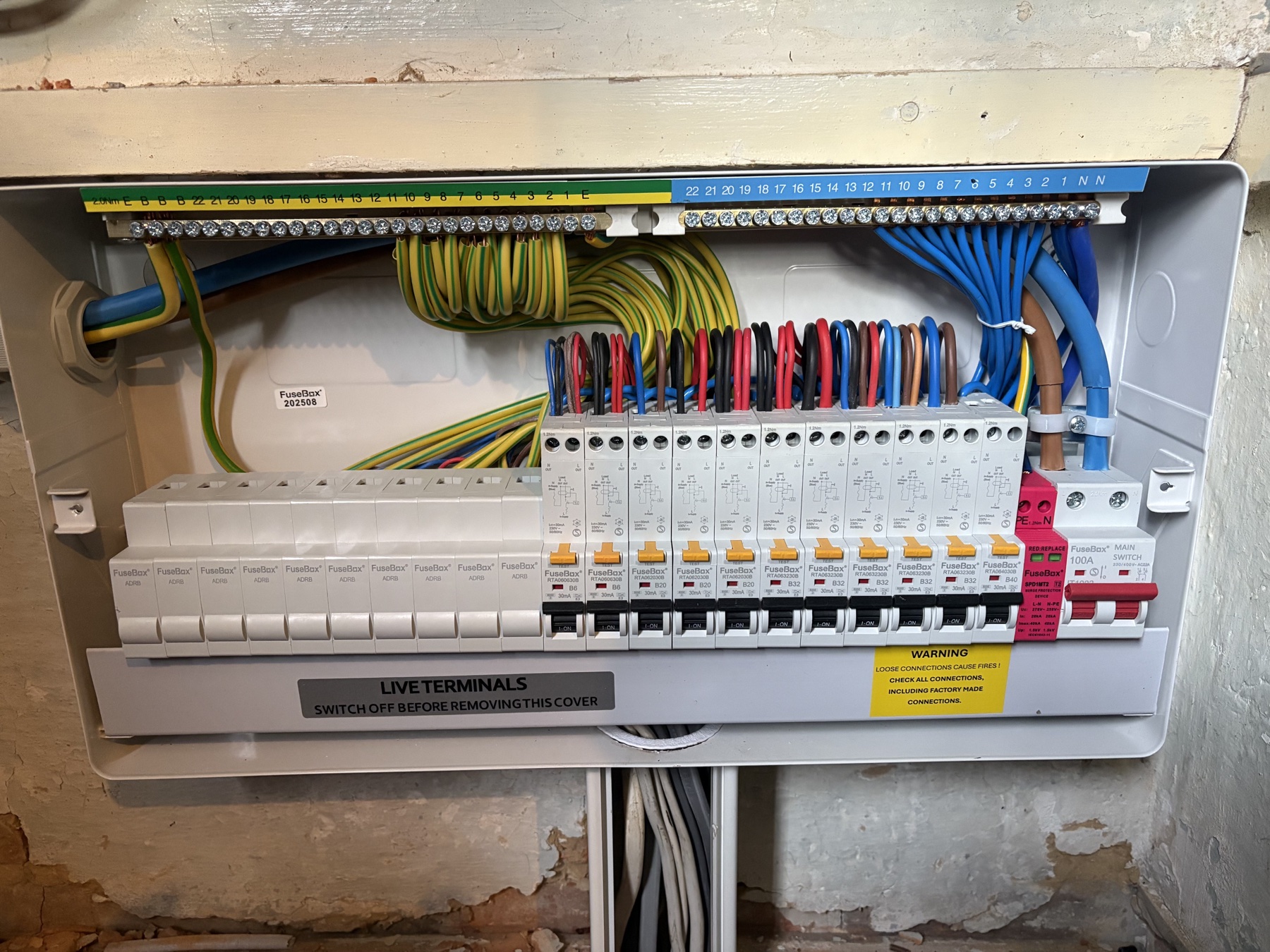 Upgraded consumer unit with neatly arranged circuit wiring