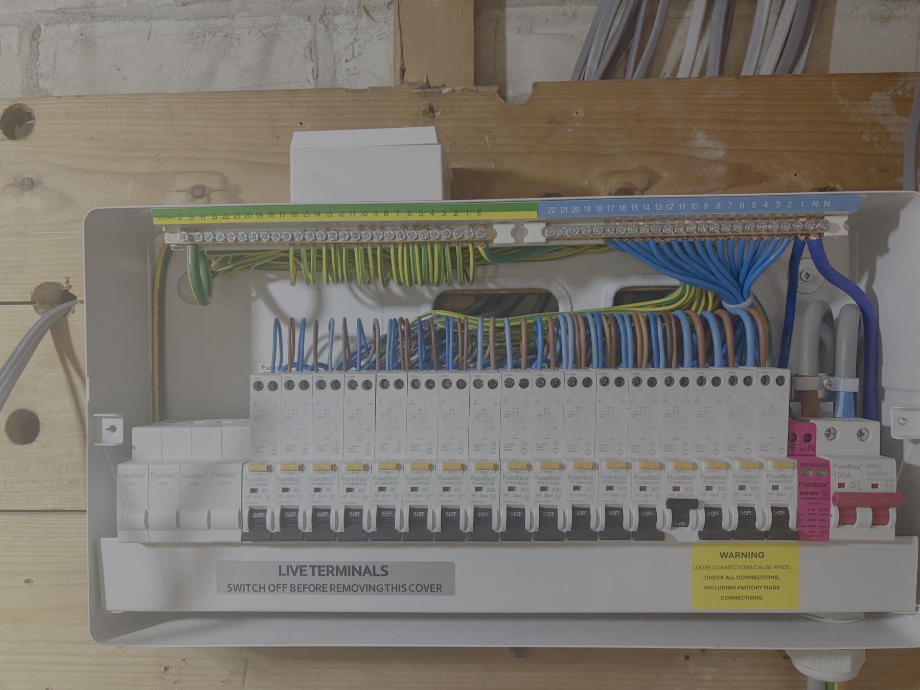 Consumer unit wiring with organised earth, neutral and circuit connections